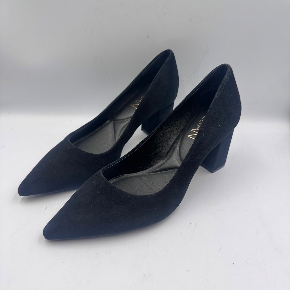 New Deltan Black Suede Pointed Toe Block Heel Pumps Women 8.5 M Leather Upper